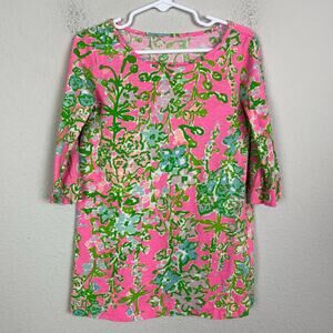 Lilly Pulitzer Pink Green Floral Knit Mini Marlow T Shirt Dress Small (4-5)